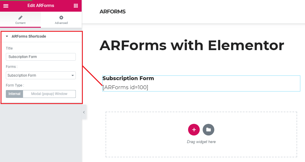ARForms Shortcode with Elementor