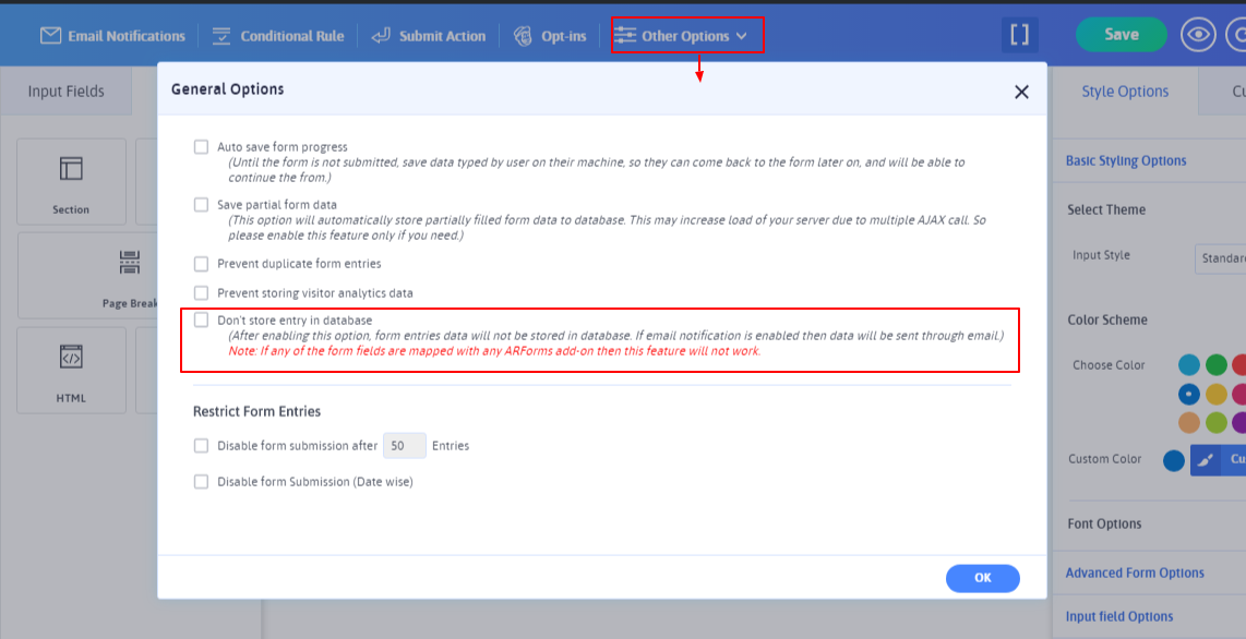 ARForms Skip Storing Form entry
