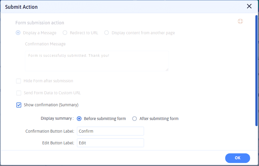 Submit Action Setting - Confirm Summary